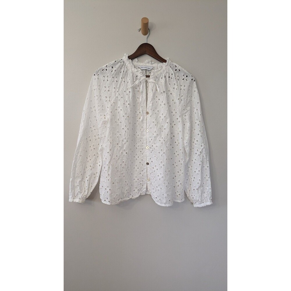 Nine West White Eyelet Top L Coastal Beachy Peasant Boho Gold Button